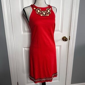 Le Chateau | CORAL /ORANGE BEADED SLEEVELESS MID LENGTH DRESS Size XS